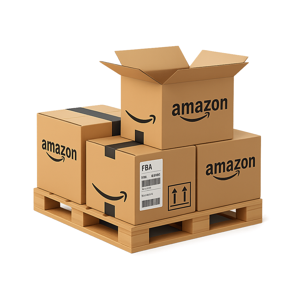 3D render of stacked shipping boxes with barcode labels and a handheld scanner on a pallet, representing Amazon FBA and FBM fulfillment operations.