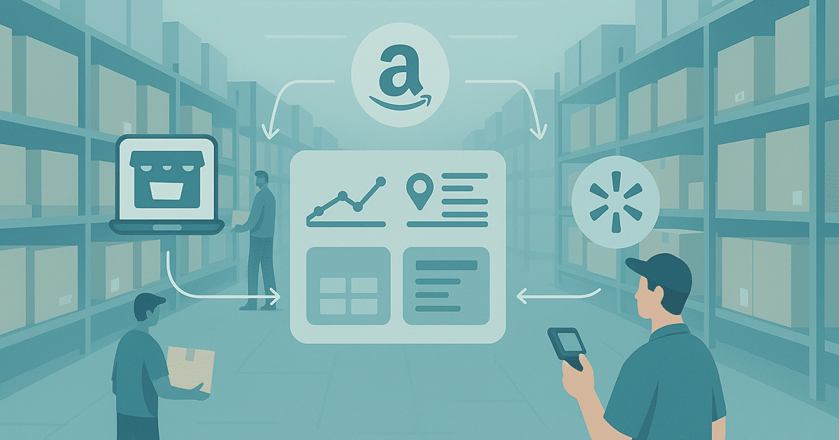 Omnichannel fulfillment dashboard connecting Amazon, Walmart, and Shopify in a warehouse.