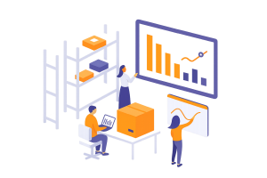 Illustration of warehouse shelves, workers analyzing fulfillment data, and inventory dashboards representing outsourced order fulfillment efficiency.